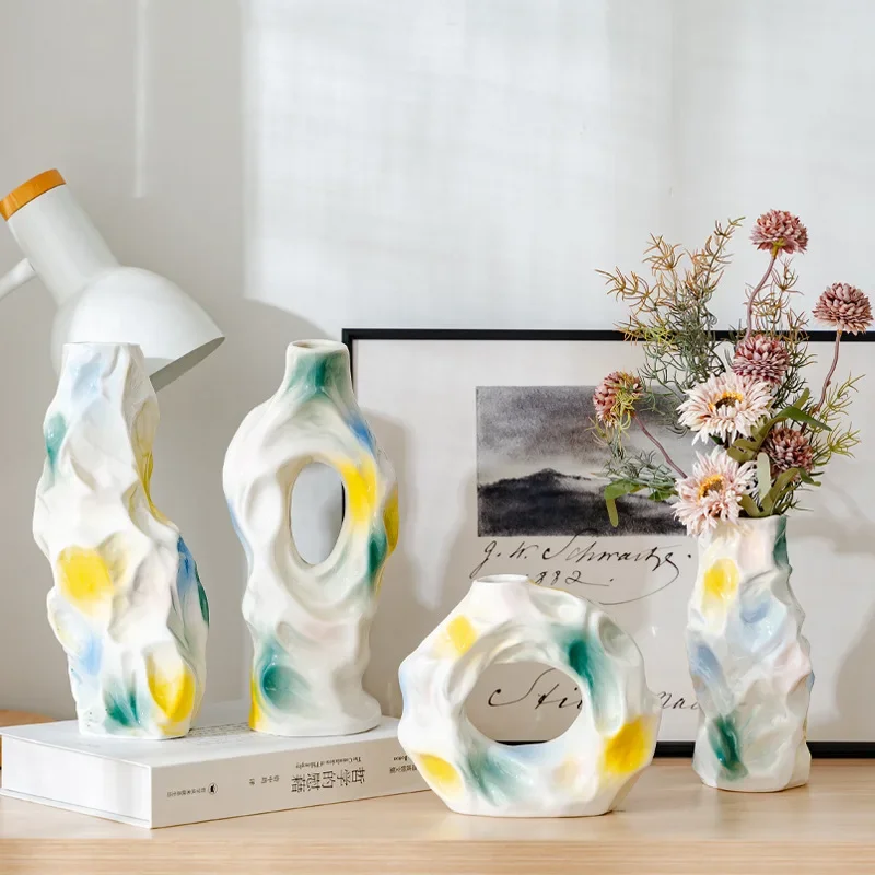 Modern Ceramic Abstract Vases Boho Colorful Glaze Design Flower Vase for Home Decor Living Room Table