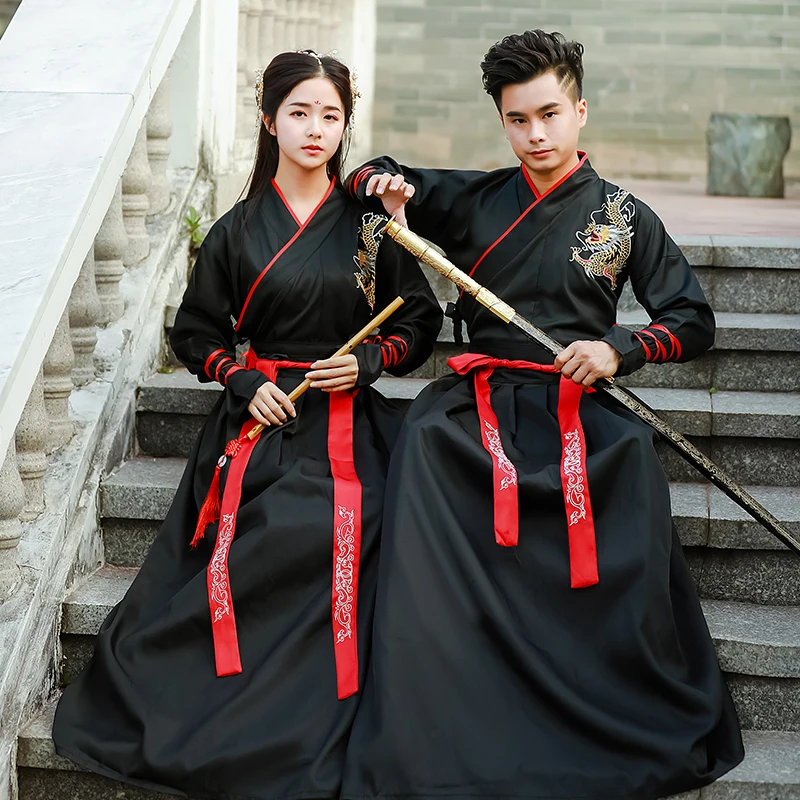 

Autumn New Men Women Chinese Style Retro Black Embroidery Hanfu Fairy Ethereal Swordsman Costume Role Play Chivalrous Clothes