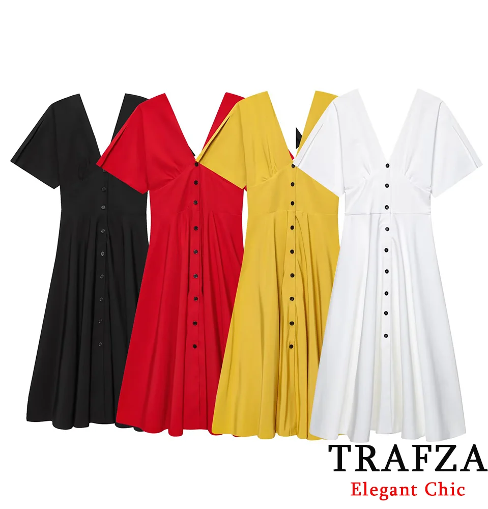 

TRAFZA Women Midi Elegant Dress Button V-Neck Backless Pleated Dress New 2025 Spring/Summer Fashion Vacation Date Casual Dress