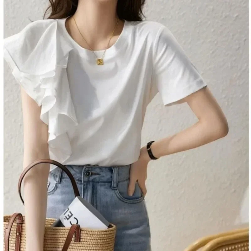 Pop Pop Elegant Short Sleeve T-Shirt Women's Fashion Summer Asymmetrical Lace Trim Top Unique Design Simple Stylish Casual Shirt