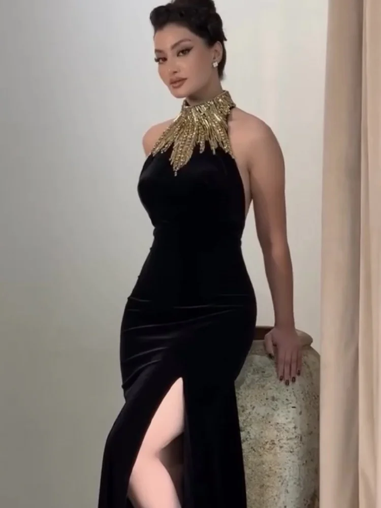 

Brand New Ins 2025 Women Black Backless Long Bandage Bodycon Dress Designer Elegant Evening Party Dress Vestido