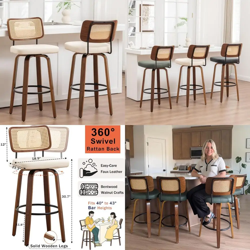 Tabourets de bar pivotants en rotin avec artisanat en noyer, dossier incurvé en rotin, assise rembourrée, tabourets de bar modernes du milieu du siècle (noyer