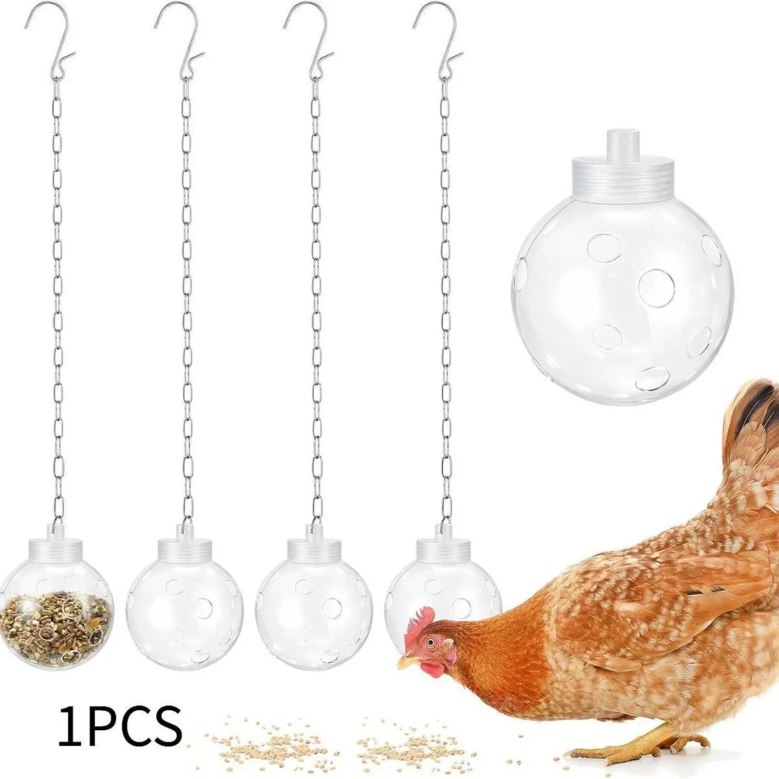 Hanging Poultry Treat Dispenser Ball with Chain Transparent Body Multipurpose Slow feed Dispenser Coop Enrichment Toy