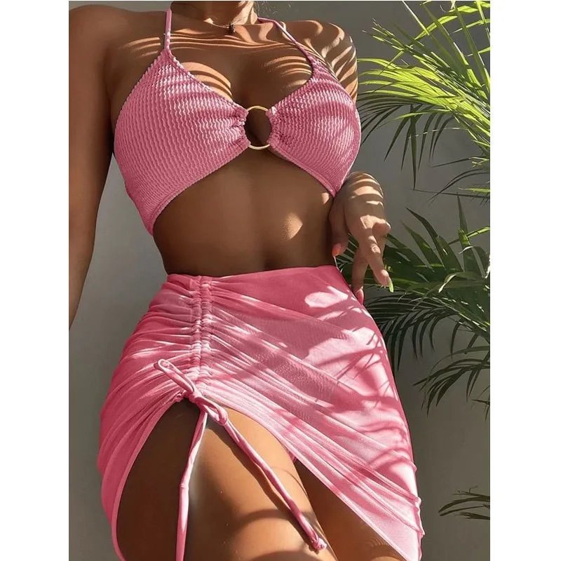 Women\'s Sexy Bikini Three Piece Set Bathing Suits Fashion Beach Halter Ring Bikini Beach Wear Swimming Wear With Cover Up Skirt