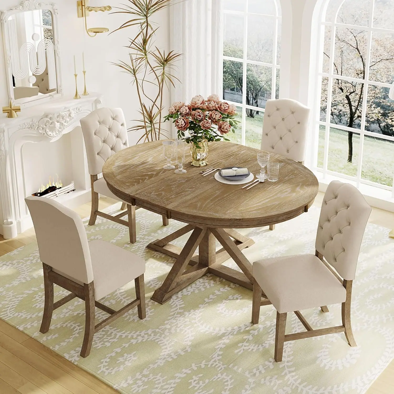 Bellemave 5-Piece Round Dining Table Set for 4, Extendable Round Kitchen Table Set with 4 Chairs Round to Oval Dining Room Set