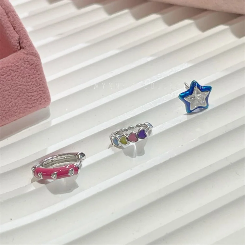 Y2K Dopamine Color Star Cartilage Earrings for Women Rainbow Heart Ear Cuff Pink Rhinestone Huggie Hoop Earrings Trendy Jewelry