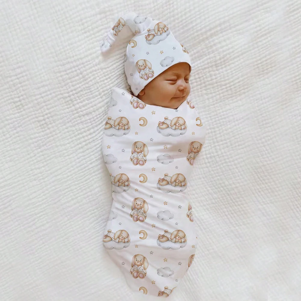 Ylsteed Bear Print Newborn Photography Wrap Blankets Matching With Hats Infant Photography Props Cartoon Picture Shoot Swaddle