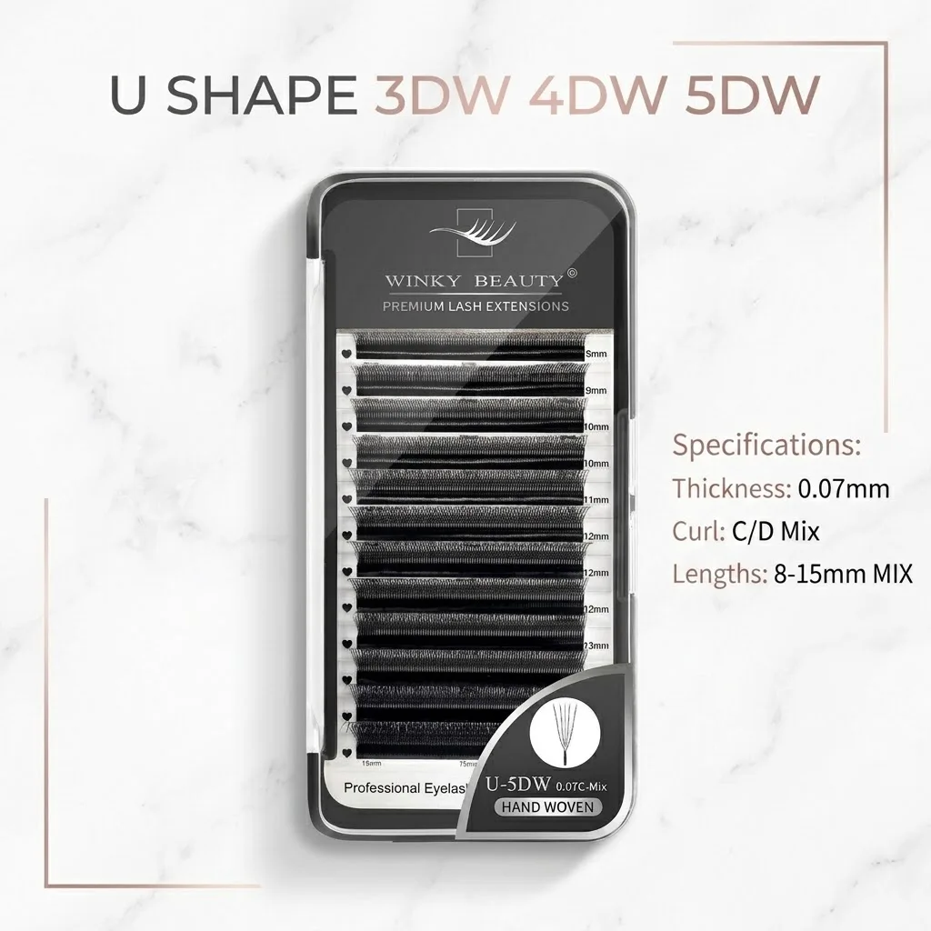 winky beauty U3DW U4DW U5DW Hand-wowen Matte Black False Eyelashes Natural U Shape Premium Soft 0.07 Fans W Bloom Lashes