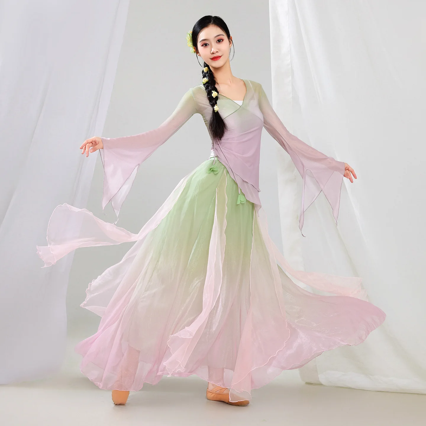 

Женская одежда для классического танца: комплект из топа из градиентной марли и кюлотов, китайская танцевальная одежда для практики и выступлений, в стиле феи