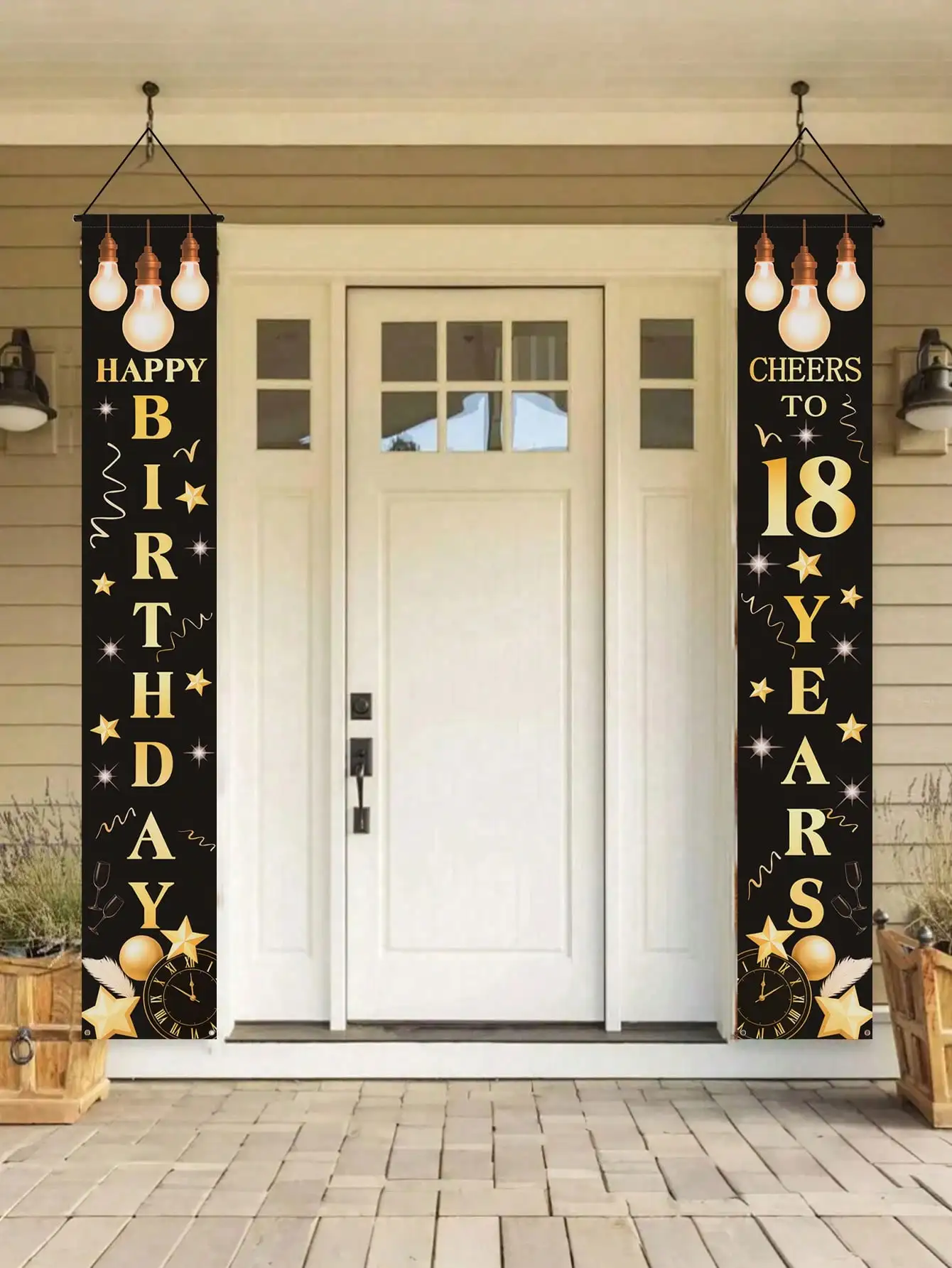 1 Pair of 18Th Birthday Celebration Banners, Black and Gold Theme, Happy Birthday Door Banner, Party Entrance Decoration Banner, Can Be Hung as Holiday Decoration Props