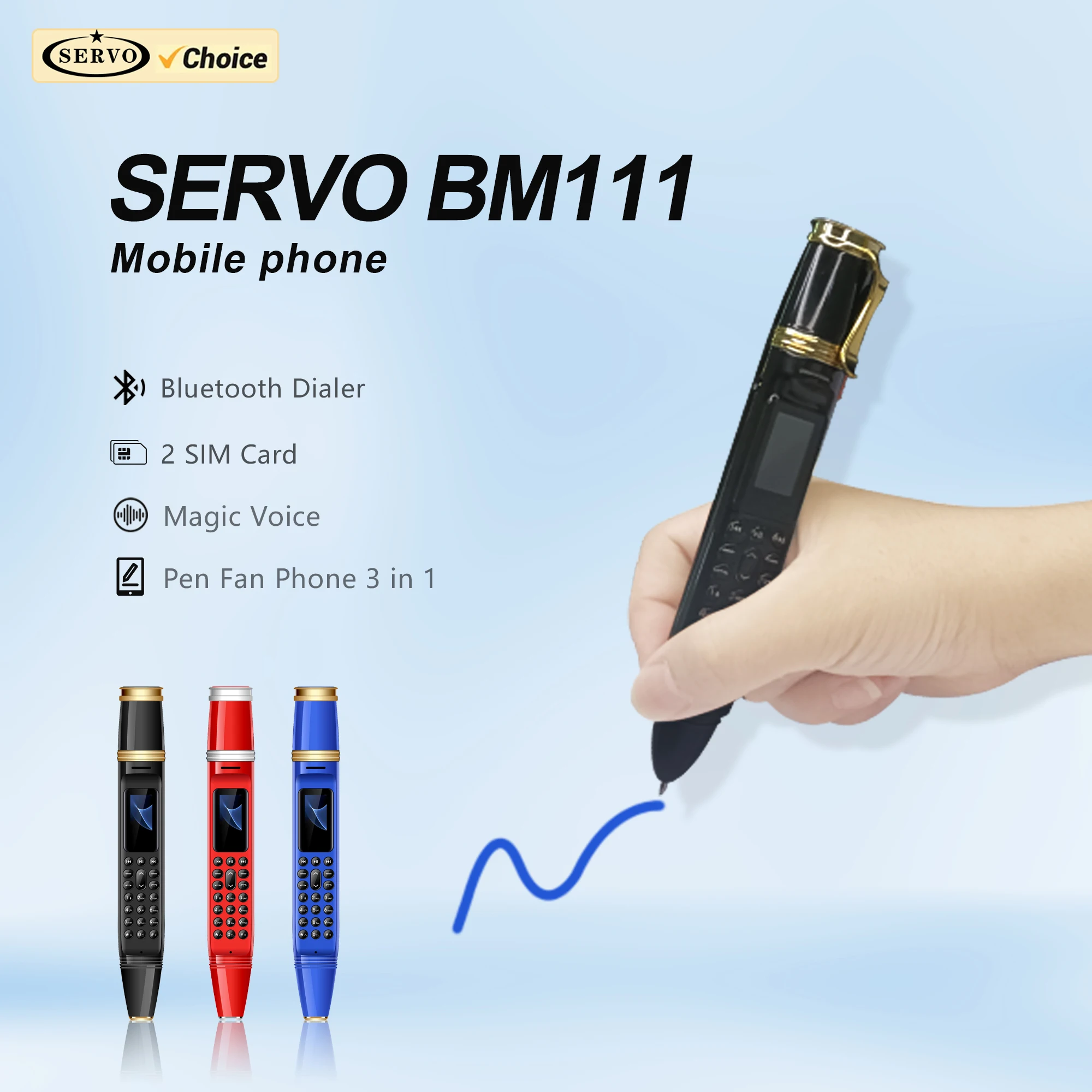 SERVO BM111 Pen Style Mobile Phone Mini Fan Dual SIM Standby Magic Voice FM Radio Bluetooth Dialer 2G GSM 3-in-1 Pen Fan Phones