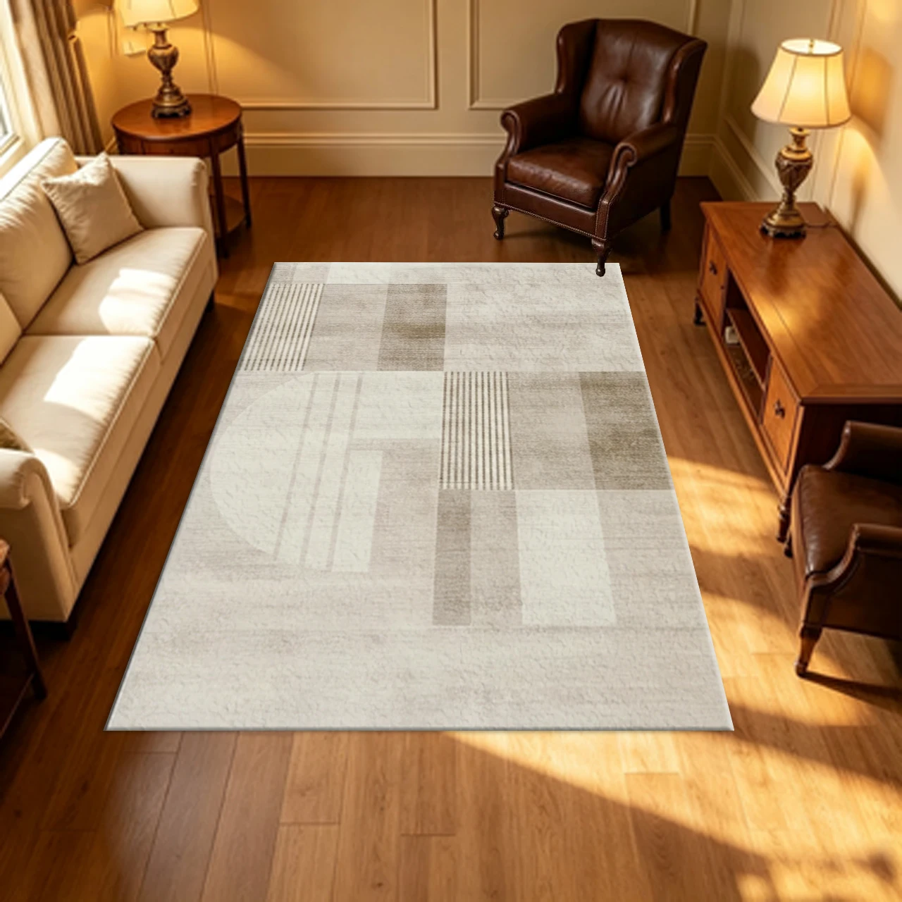 Boho Minimalist Geometric Block Carpet Flooring Light Beige Faded Abstract Area Rug Soft Floor Covering for Home Interior