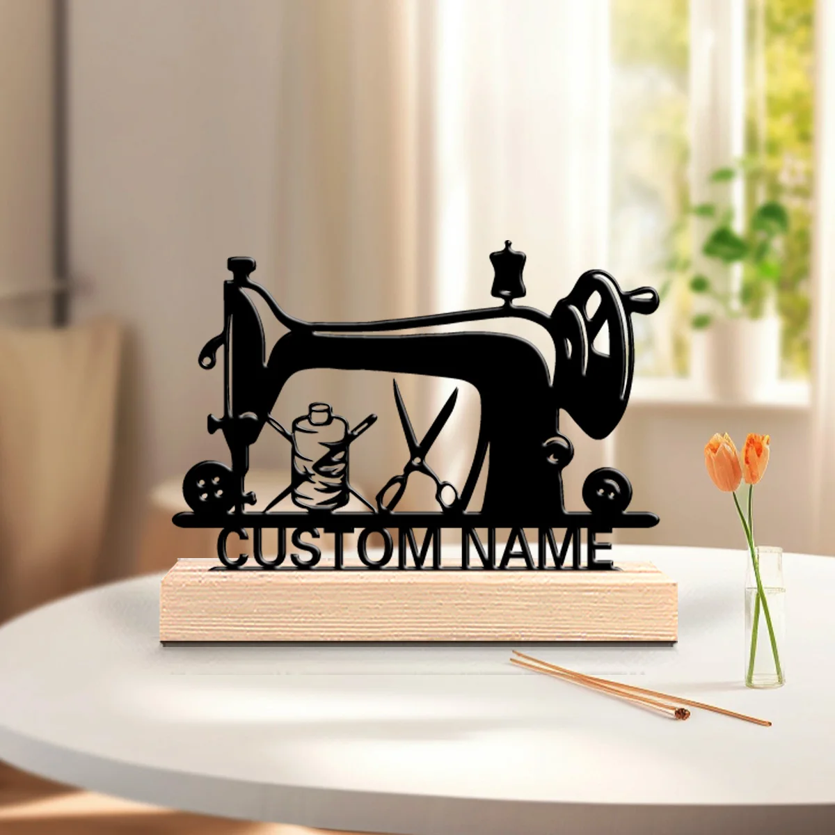 Statue en fer avec lettres personnalisées pour machine à coudre Simple, avec Base en bois, ornement en fer, Sculpture en étain, artisanat avec Base en bois, 1 pièce