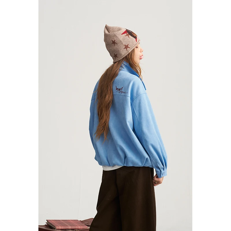 ELFSACK Women's Casual Crop Jacket with Fox Embroidery, Contrast Collar Blue Outerwear for Everyday, Chic Puff Silhouette