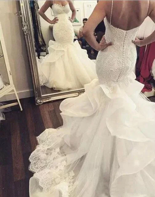 Suknie ślubne na ramiączkach spaghetti z koronkowymi aplikacjami, trenem katedralnym, w stylu syreny, szyte na miarę, skromne, vestido noiva.