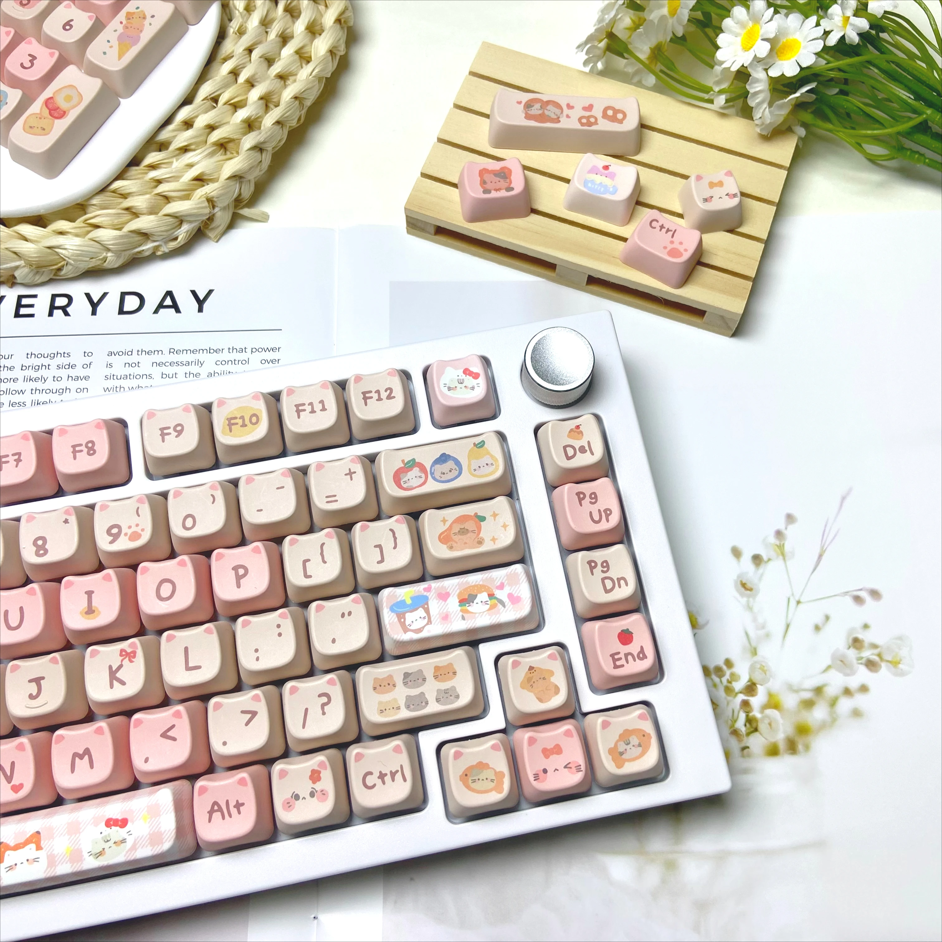 Cute Pink Cat Paradise Them KeyCaps MAO Profile Keycaps Custom for Mechanical Keyboard Key Caps for Girls Keyboard DIY Decor