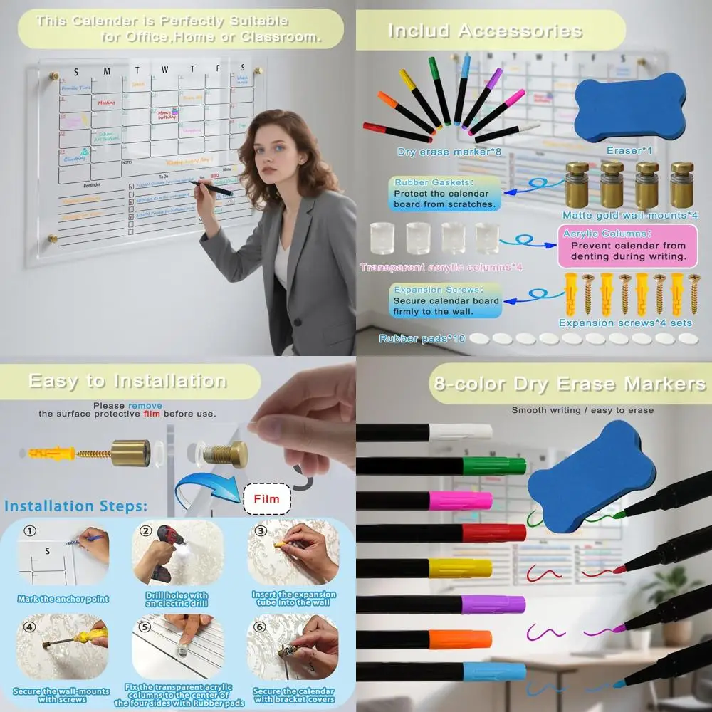 

Wall-Mounted Clear Acrylic Monthly Calendar, Dry Erase Whiteboard, 8-Color Markers Included, Ideal for Home, Office, Classroom