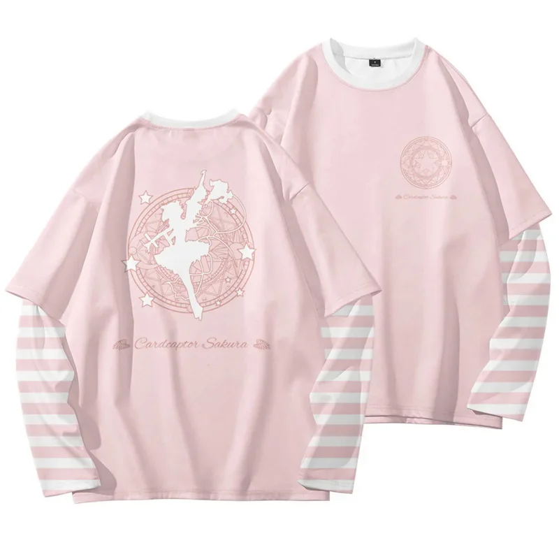 Cute Lolita Pink Fake 2 Pieces Striped Long Sleeve T Shirts Card Captor Sakura Patchwork T-shirt Otaku Anime Loose Tees Tops