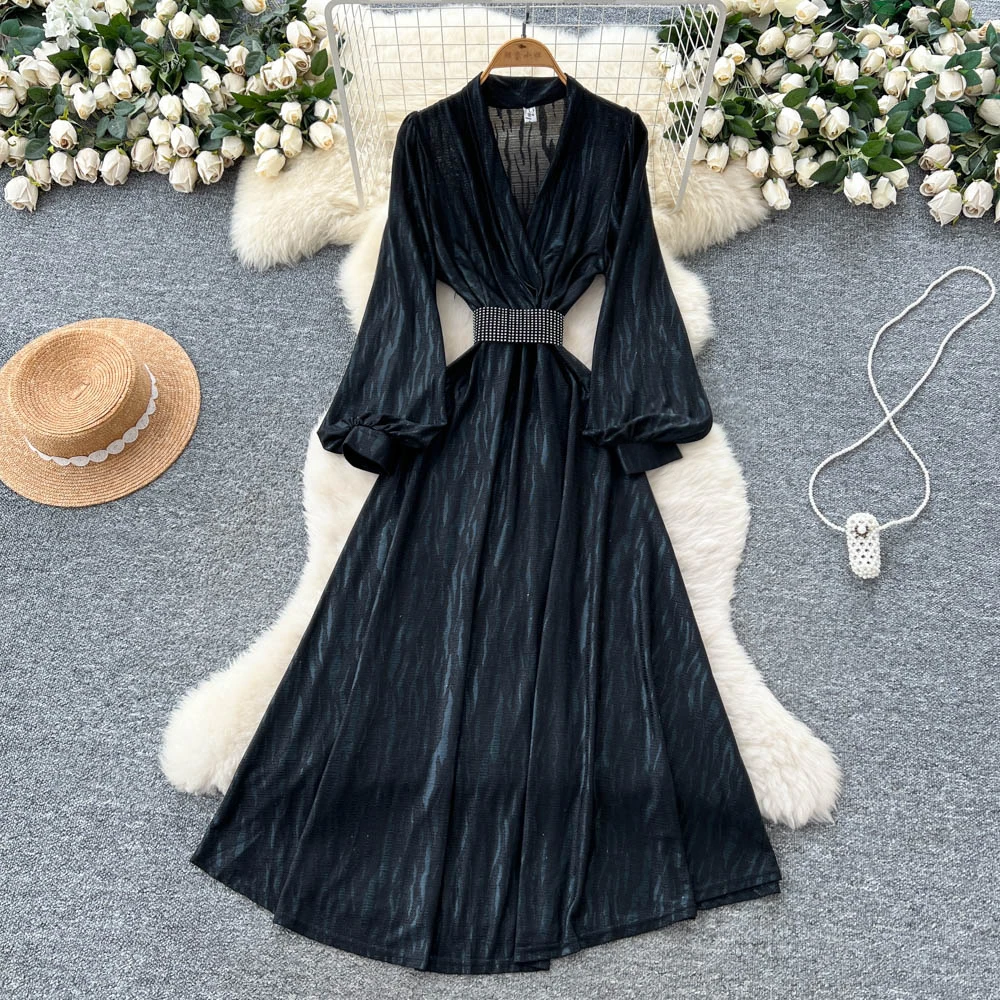 Chic vintage scollo a V strass Elegante fata moda coreana Boho Sundress abbigliamento donna Abito lungo