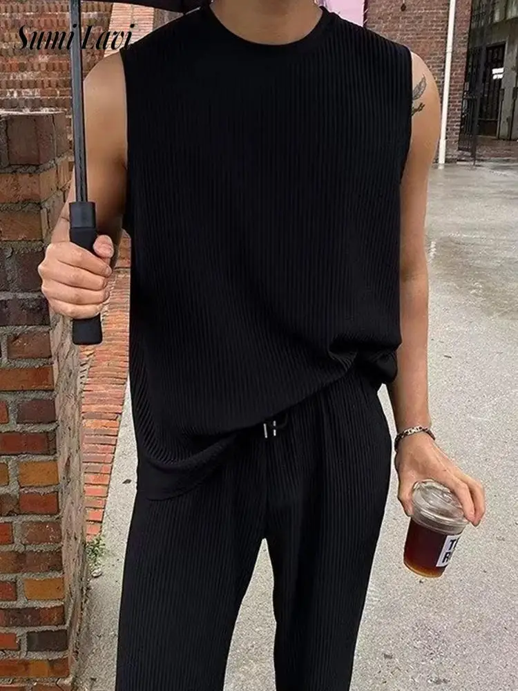 

Лето 2022, модные мужские комплекты из двух предметов в рубчик, винтажные футболки без рукавов с круглым вырезом и брюки, мужские спортивные костюмы, пляжные повседневные костюмы