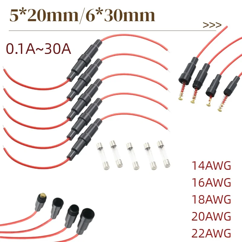 5set 5*20mm 6*30mm Glass Fuse Holder Screw Type 0.1A~30A with 22 20 18 16 14AWG Wire Cable 250V 5X20MM Glass Fuse Tube Fuse