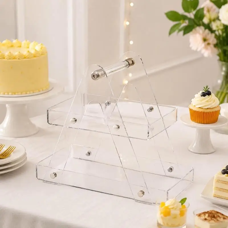 Clear and Cake Display Stand with Tiered Trays, Top Handle, and Screw-Fastened Assembly for Party Tables