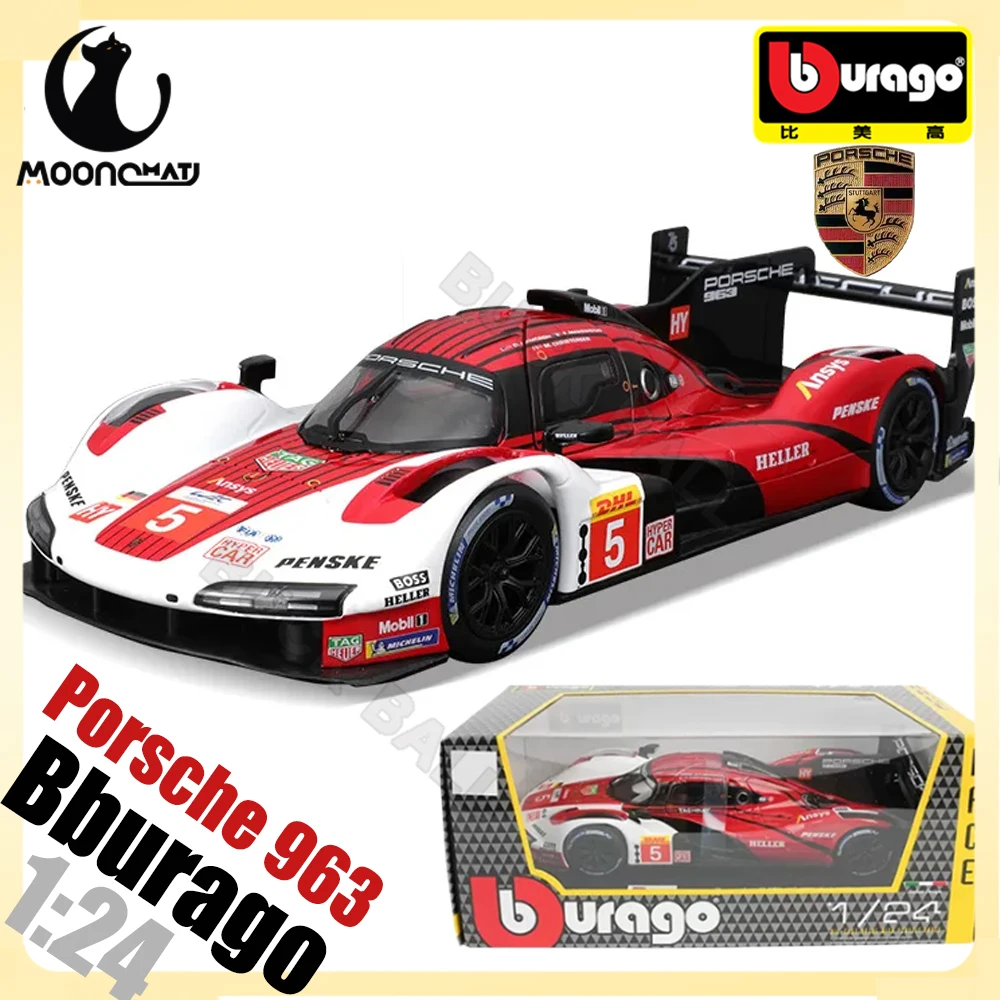 Bburago-coche de carreras de lujo Porsche 963, modelo de coche de carreras Le Mans, Rally Champion, aleación, 963, 1:24