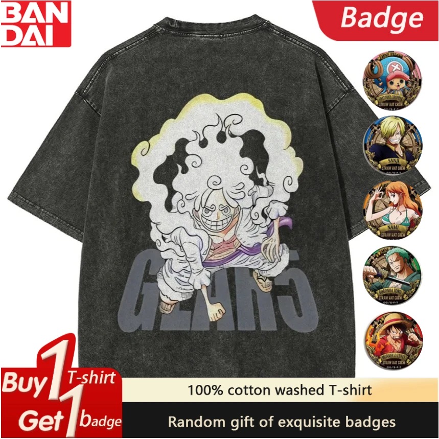 

Oversized Printed Anime One Peice Vintage Washed Men's T Shirts Y2k Clothes Women Short Sleeved Tee Casual Top Summer Streetwear