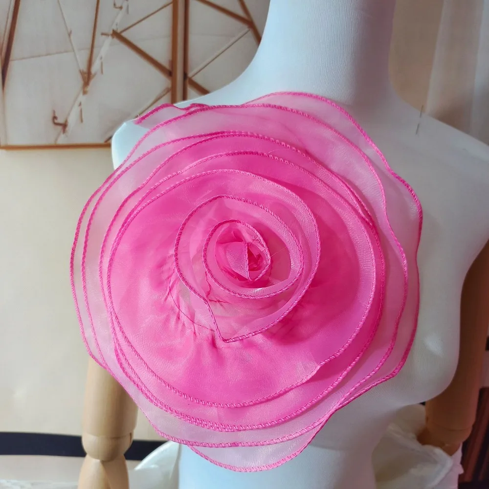 3D Organza Fabric Artificial Rose Flower Patch Chest Flower 27CM Wedding Dress Neck Decor DIY Sewing Applique Brooch Accessories