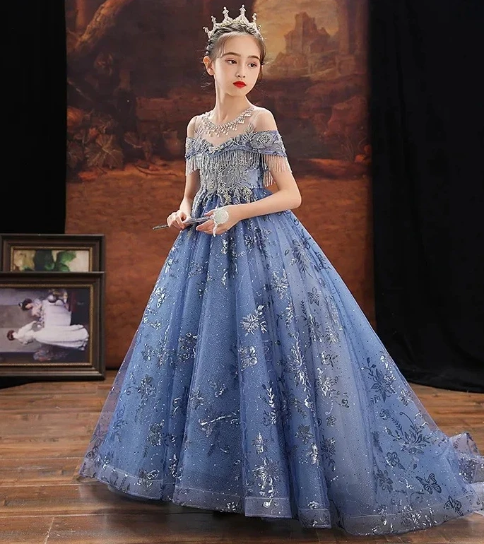 

2025 Girl Elegant off Shoulder Dress Fashion Runway Show Luxurious Princess Dresses for Girls Birthday Party Kid Clothes Vestido