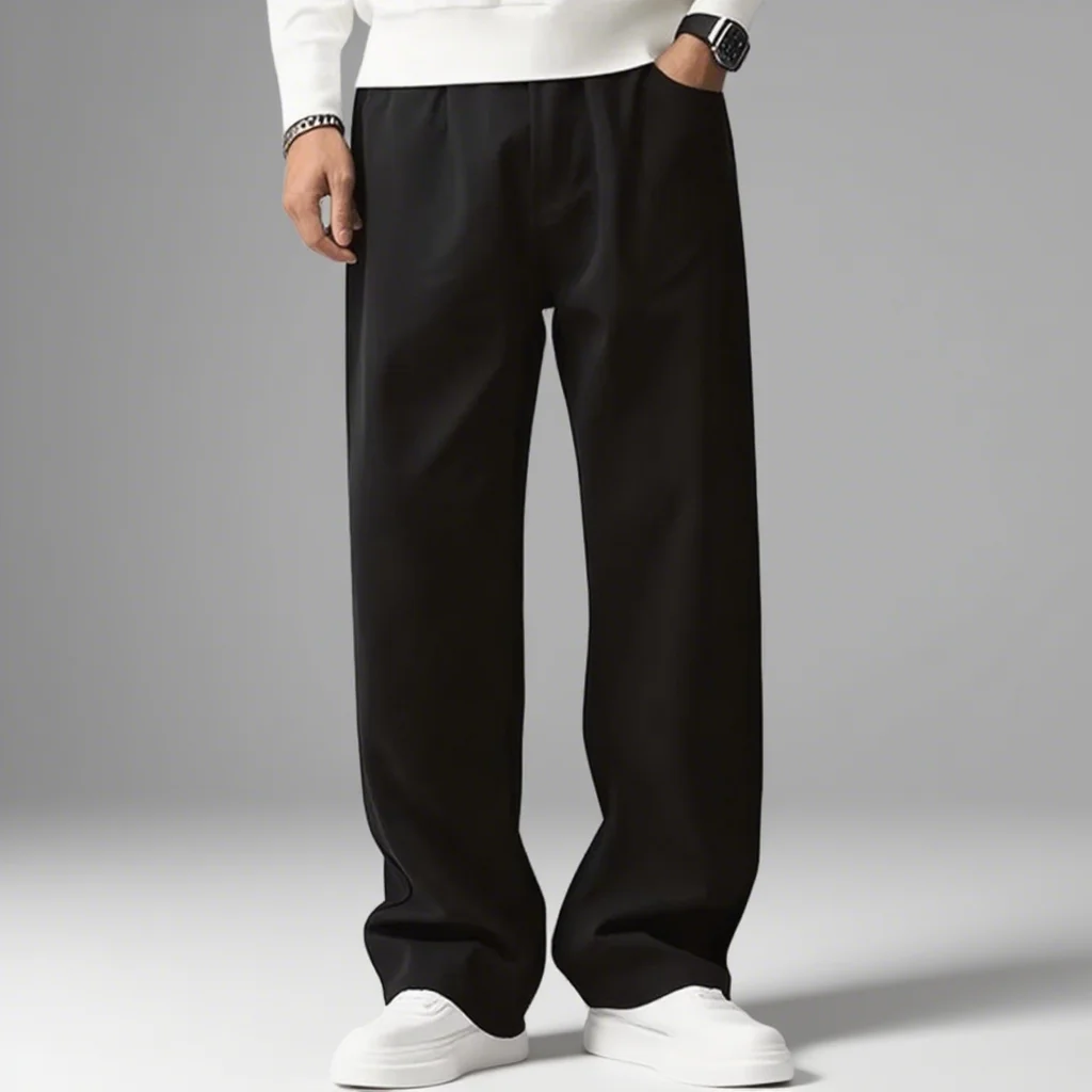 

Summer Men's Loose Straight Jeans Cotton Soft Drape Business Casual Trousers Classic Pure Black Brand Baggy Pants