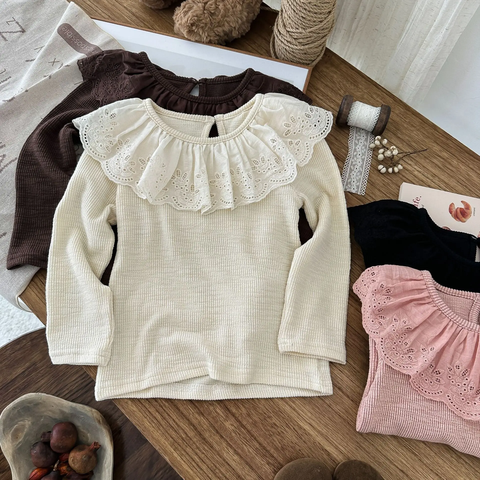 2025 Autumn Girls Ruffle Neck Blouse Pure Color Basic Top Long Sleeve Layering Essential Soft Cotton Comfortable Shirt