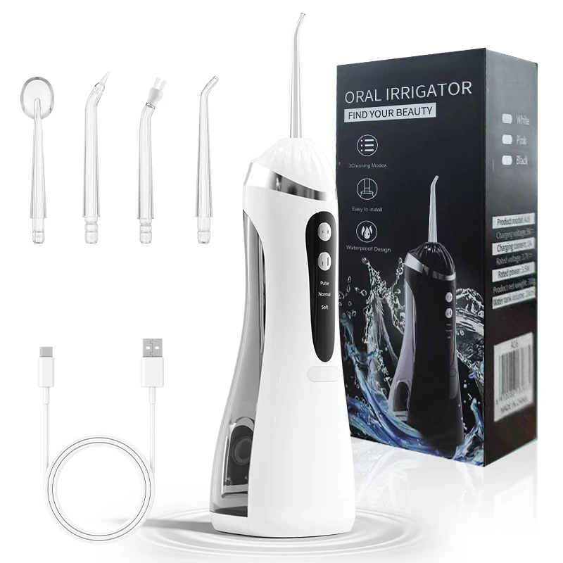 Draagbare monddouche, oplaadbaar via USB-C, met 4 verschillende spuitmonden, 3 reinigingsmodi voor de tanden en een lange batterijduur, ideaal voor thuisgebruik en op reis.