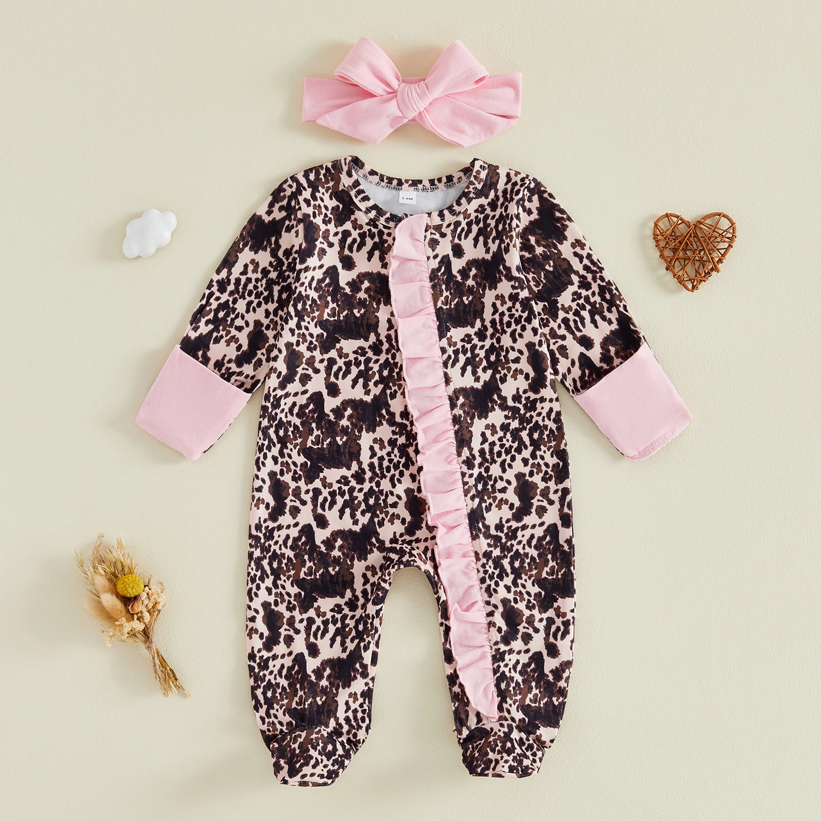 Baby Girl Fall Footies Bow Headband 2 Pcs Set Cute Baby Western Style Print Ruffled Trim Zip Front Long Sleeve Rompers