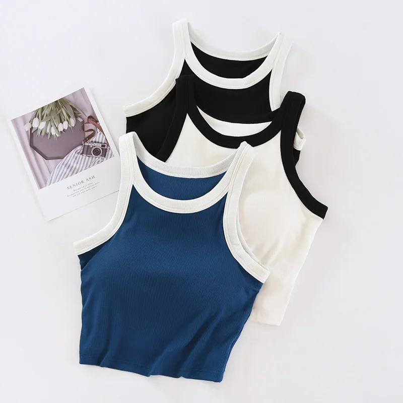 

2025 open-button vest for women with chest pads high waist and steel-free bra bottoming shirt short top