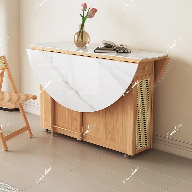 Solid wood movable telescopic folding slate dining table small apartment log cream style dining table