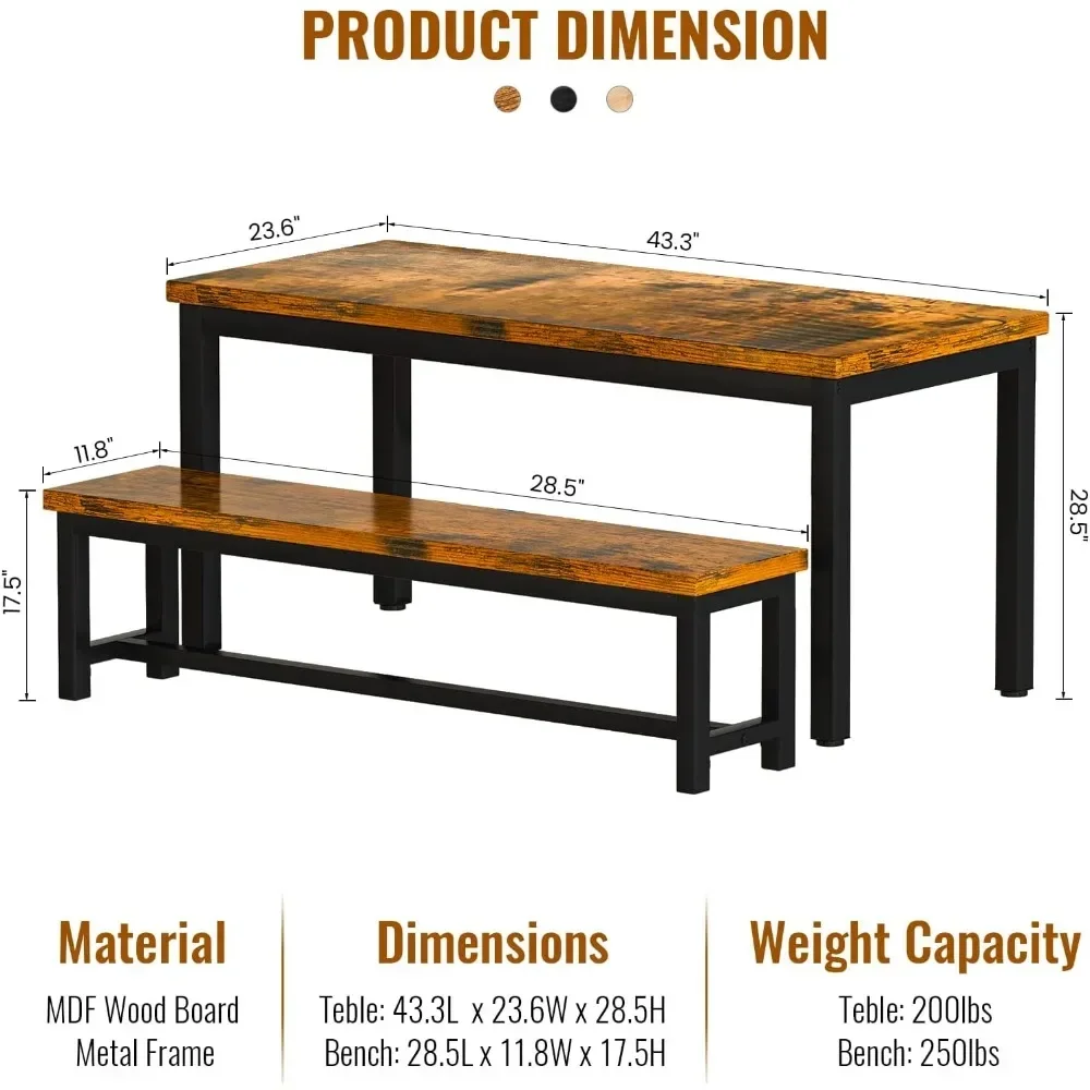 Juego de mesa de comedor para restaurante, conjunto de cocina con 2 bancos, 43,3x23,6x28,5 pulgadas, 38,5x11,8x17,5, color marrón industrial