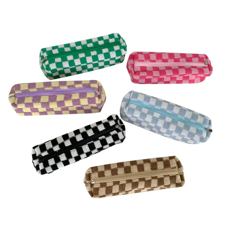 Pencil Case Multifunctional Checker High-capacity Knitted Mesh Bag Travel Cosmetic Bag Writing Case Pen Box