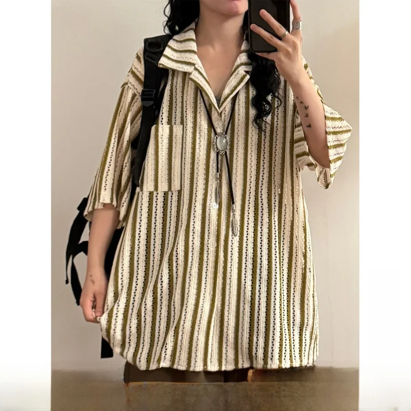 

UATONLINE2026 Летняя тонкая рубашка с кубинским воротником, фактурная, с полосками, с коротким рукавом, универсальная, для мужчин и женщин, свободный крой, дышащая