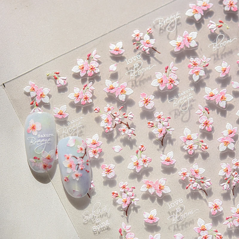 

Flowers Nail Art Sticker Colorful Blooming Cherry Blossom Sakura Living Peach Branch Soft Relief Adhesive Chic Manicure Decals