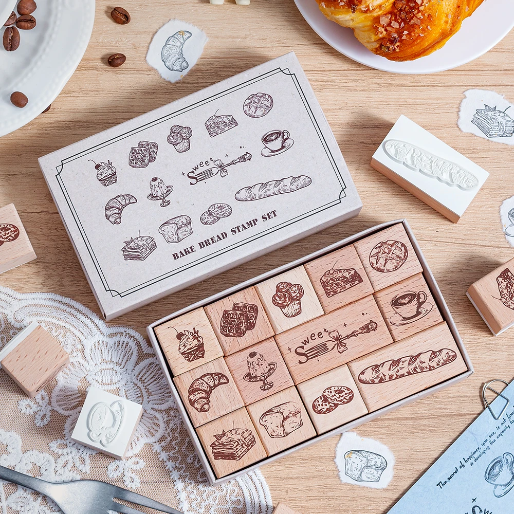 13pcs/set Cute Stamping Bread Toast Coffee Design Wood Stamp Scrapbooking Supplies DIY Hobby Junk Journal Decor Seal