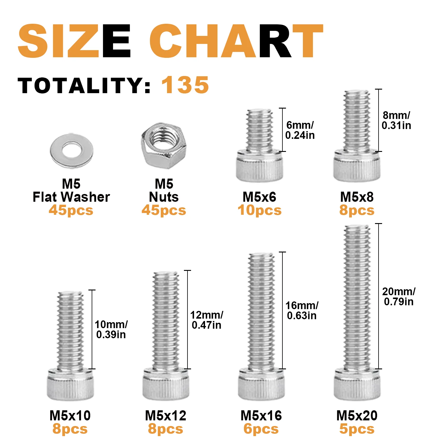 135 Pcs Stainless Steel Cylindrical Head Hex Bolts, standard SAE thread,M5 Metric Hex Head Screws, Nuts and Washers Combo Set