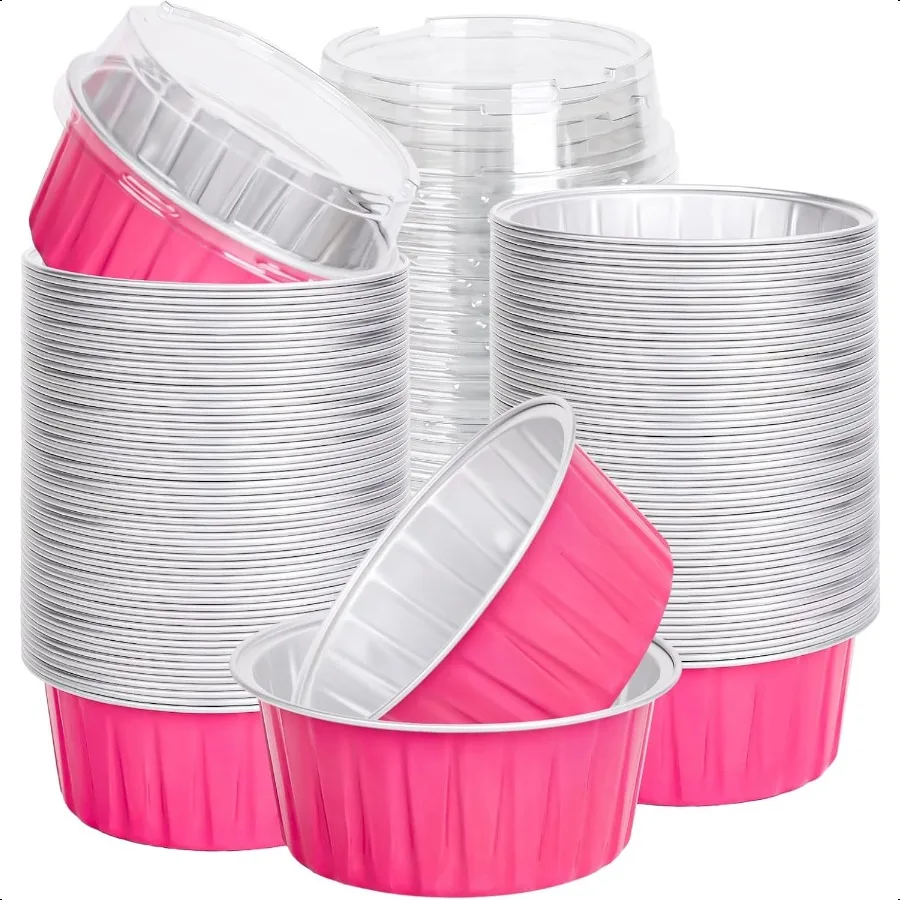 

120Pcs Hot Pink Cupcake Cups with Lids Aluminum Foil Baking Cups Disposable Muffin Liners Cupcake Holders for Holiday Shower B
