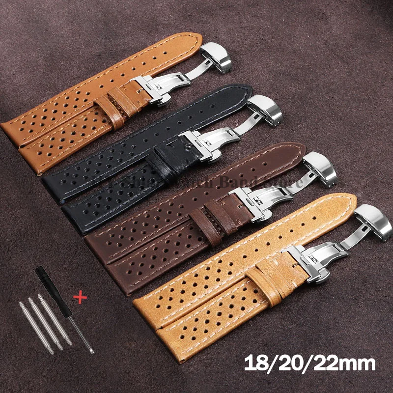 Cowhide Leather Watch Strap for Seiko for Omega Soft Handcrafted Ventilated Watchband Replacement Fold Clasp Bracelet 18/20/22mm