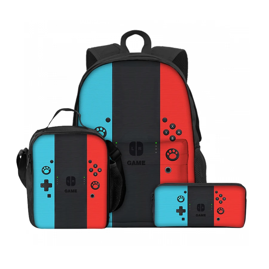 3 Pcs Set Simple Games Console Lunch Bags Pen Bags Front Bag Backpack for Boys/Girls Children Gifts Teens Laptop BookBag
