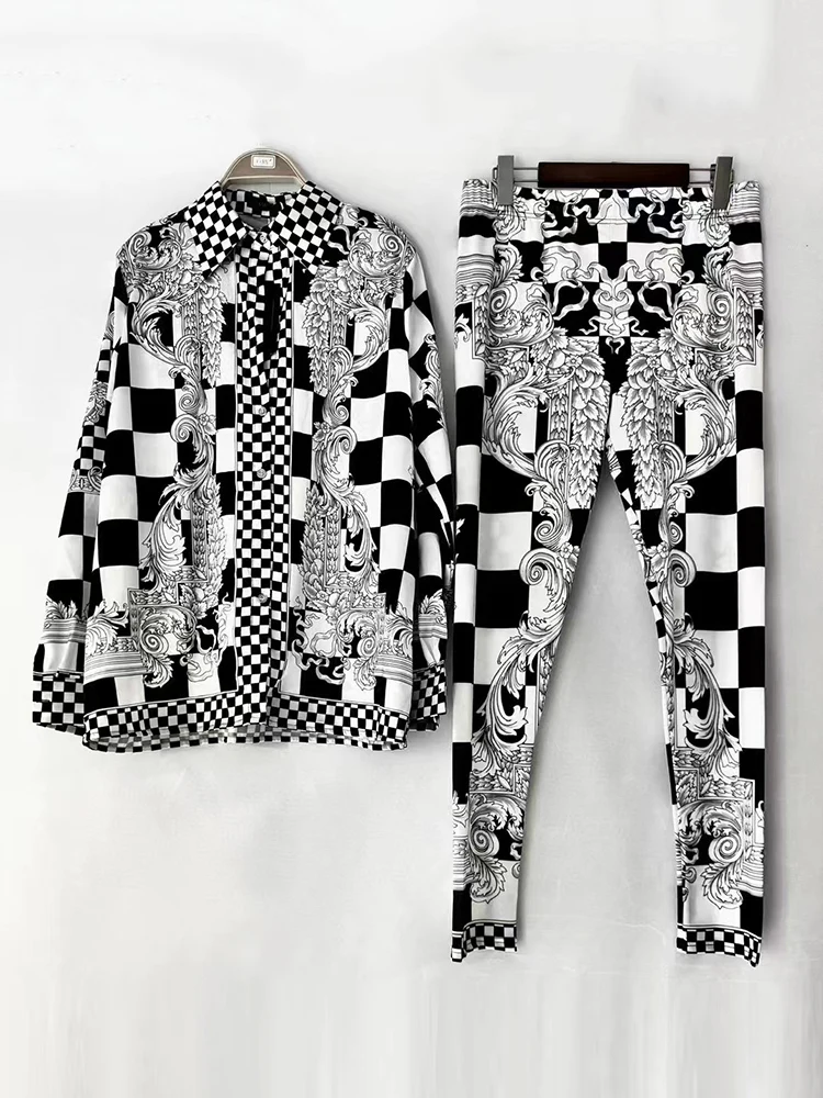 Spring 2026 women's retro geometric print loose shirt two-piece suit+knitted elastic tight-fitting pants fashion suit