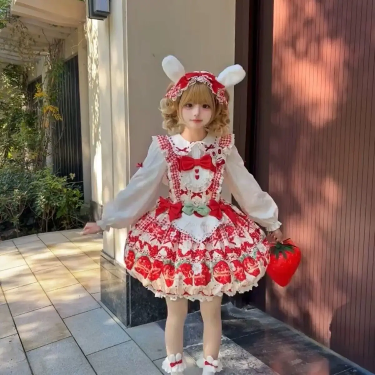 

NONSAR Strawberry Printed Dress Doll Jsk Flower Bud Lolita Strap Dress White Shirt Sweet and Cute Slim Suit Summer Full Set