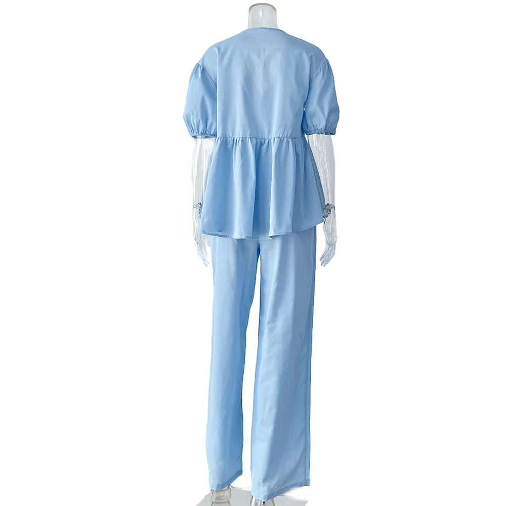 2 pieces women sets 2026 SpringSummer sweet solid color pure cotton V-neck bubble short-sleeved top+ short pants suits clothing