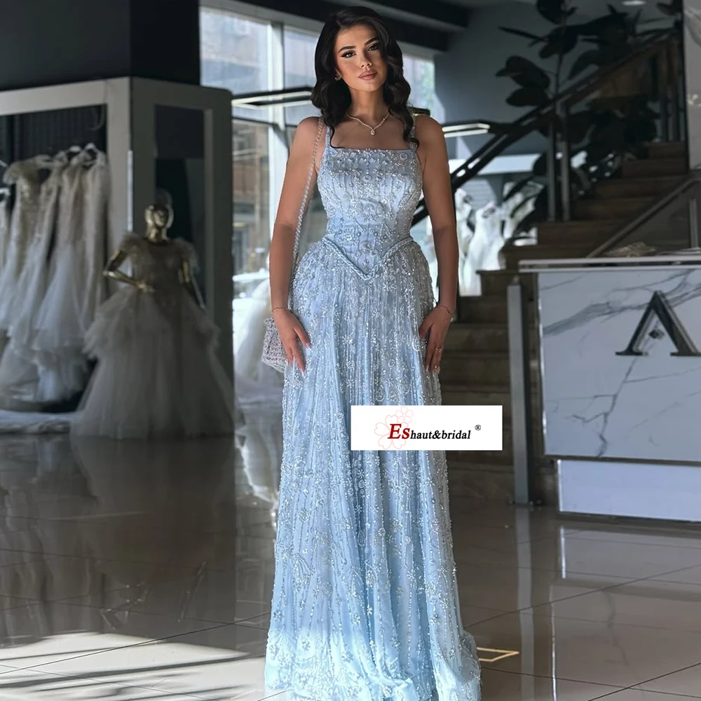 

Elegant A-Line Evening Dress Dubai Arabia Spaghetti Strap Beaded Long Formal Prom Wedding Party Gown for Women Customized 2025