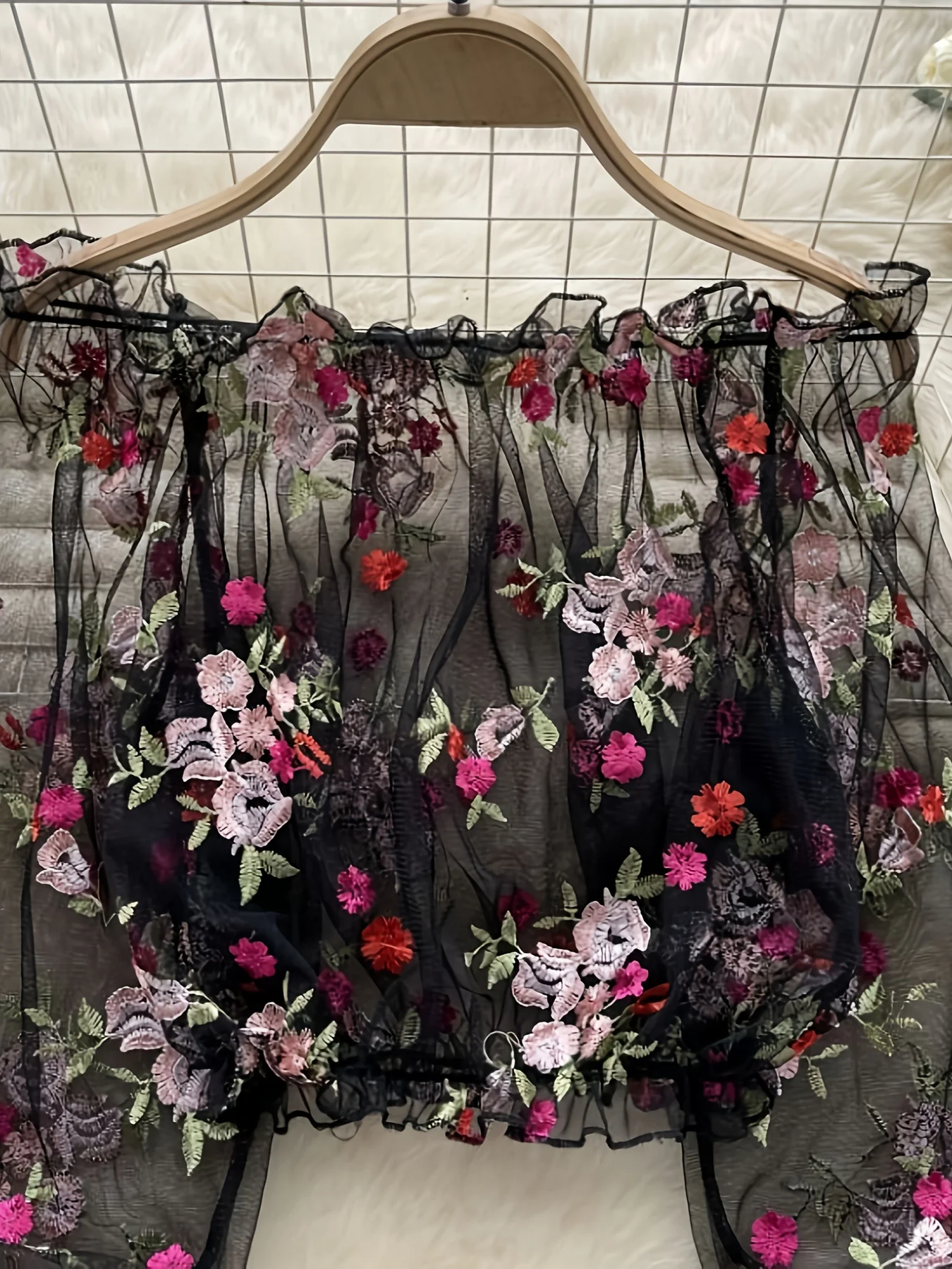 Pure Desire Off-Shoulder Mesh Embroidery See-Through Loose Short Long-Sleeve Top Blouse Lace Shirt